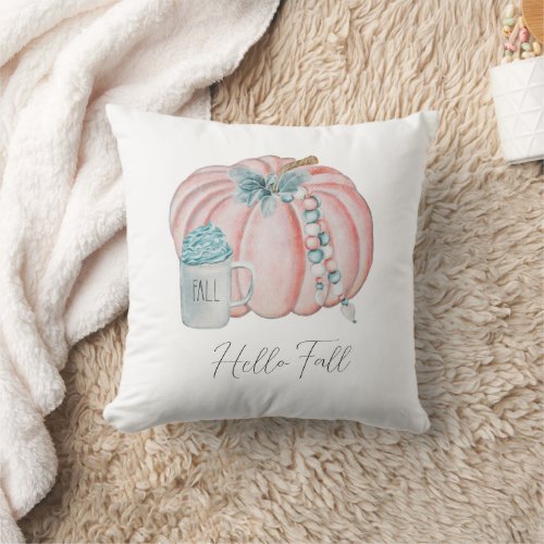 Stylish Watercolor Pumpkins Blue Pink Autumn Throw Pillow