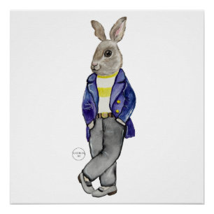 Stylish watercolor rabbit hand drawing poster