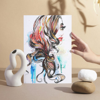 Stylish Watercolor Rainbow Hair Woman Portrait
