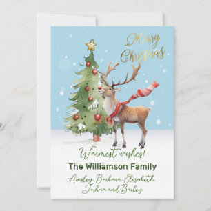Stylish Watercolor Reindeer Tree Christmas Card