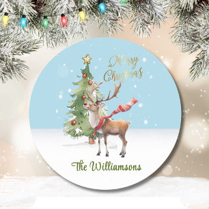 Stylish Watercolor Reindeer Tree Christmas Card Classic Round Sticker