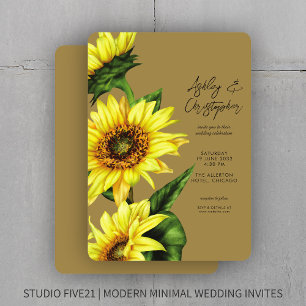 Stylish Watercolor Sunflower Gold Wedding Invitation