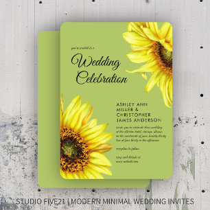 Stylish Watercolor Sunflower Light Green Wedding Invitation