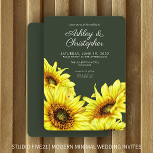 Stylish Watercolor Sunflower Moss Green Wedding Invitation