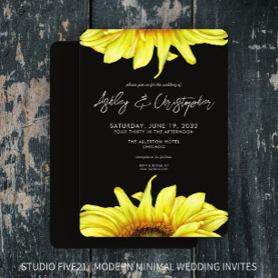 Stylish Watercolor Sunflower Smoke Black Wedding Invitation