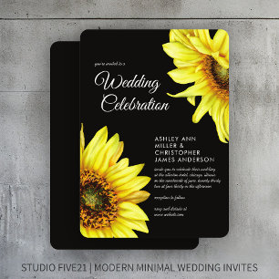 Stylish Watercolor Sunflower Smoke Black Wedding Invitation