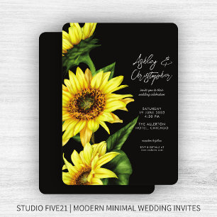 Stylish Watercolor Sunflower Smoke Black Wedding Invitation
