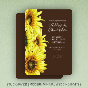 Stylish Watercolor Sunflower Walnut Brown Wedding Invitation