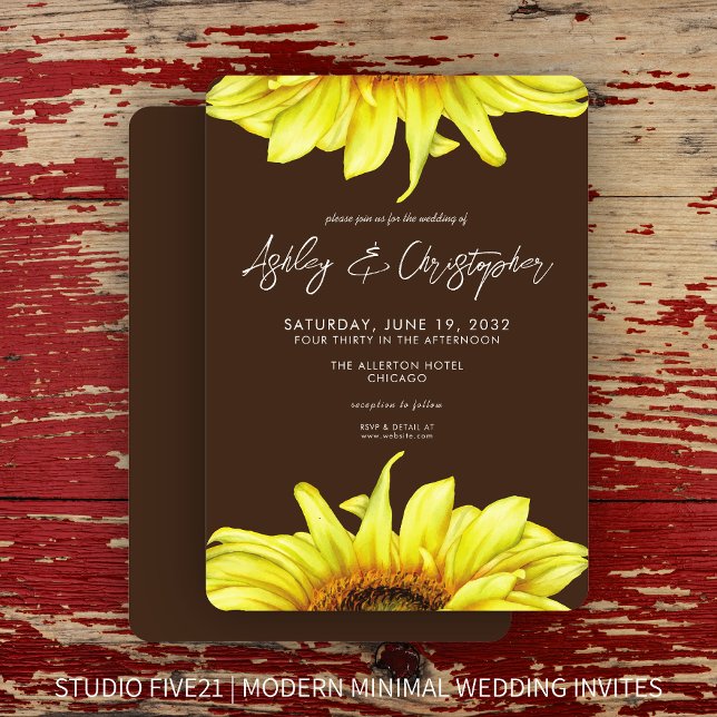 Stylish Watercolor Sunflower Walnut Brown Wedding Invitation (Creator Uploaded)