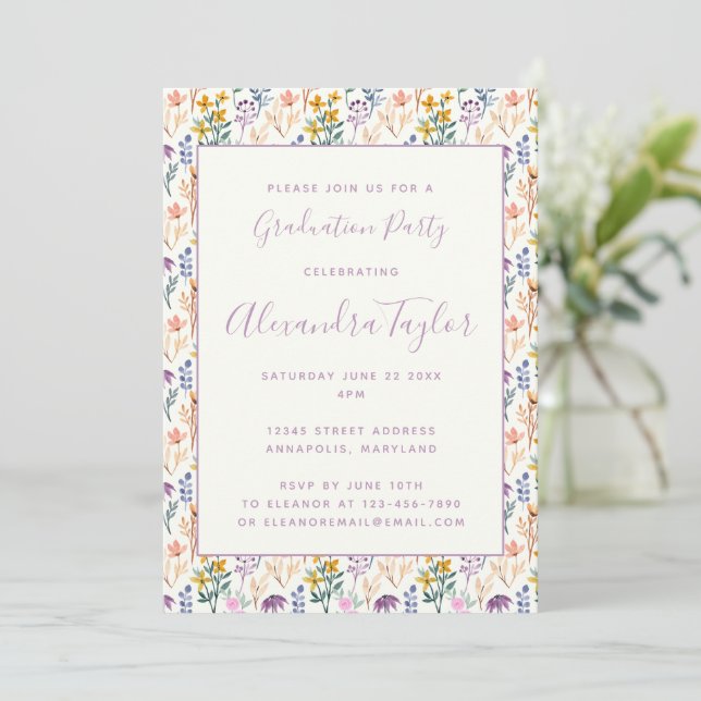 Stylish Watercolor Wildflowers Graduation Party  Invitation (Standing Front)