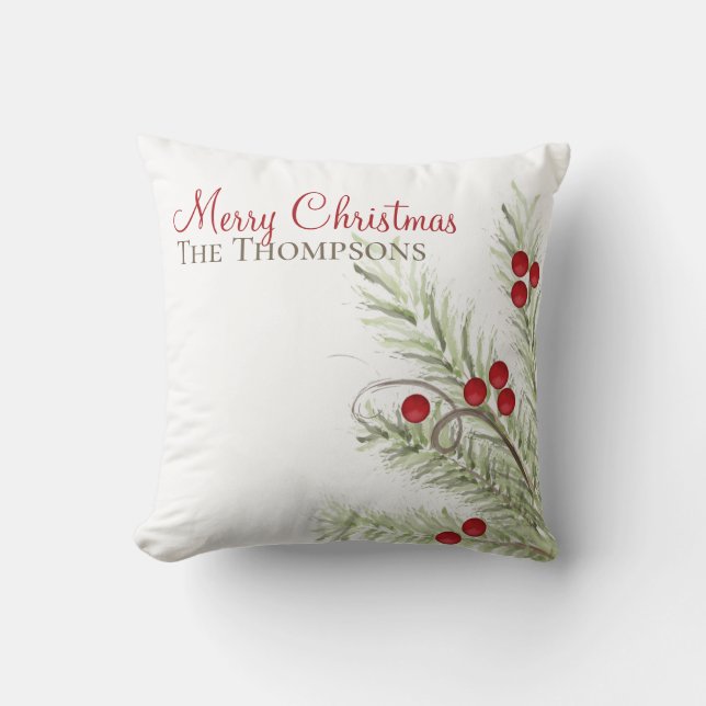 Stylish Watercolor Winter Botanical Custom Name Throw Pillow (Front)