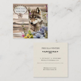Stylish Watercolor Wolf Flowers Square Business Card