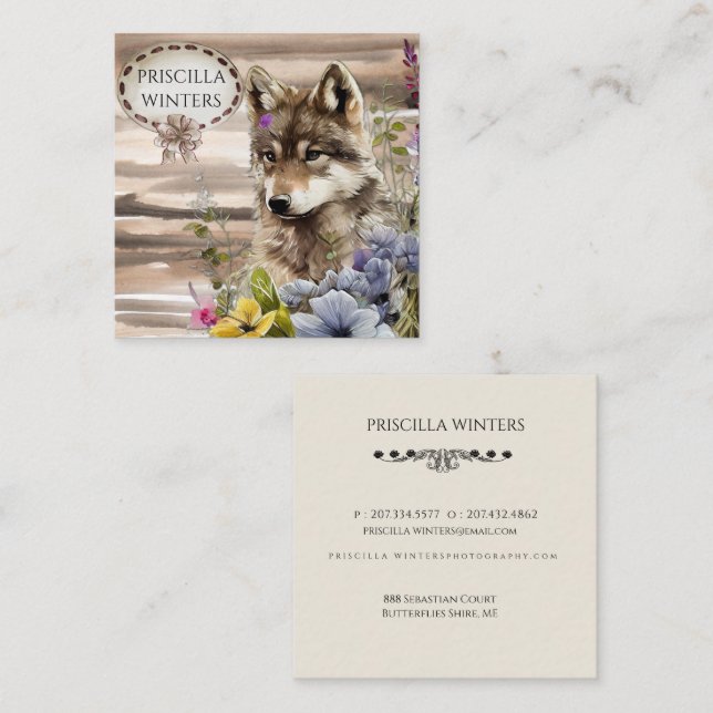 Stylish Watercolor Wolf Flowers  Square Business Card (Front/Back)