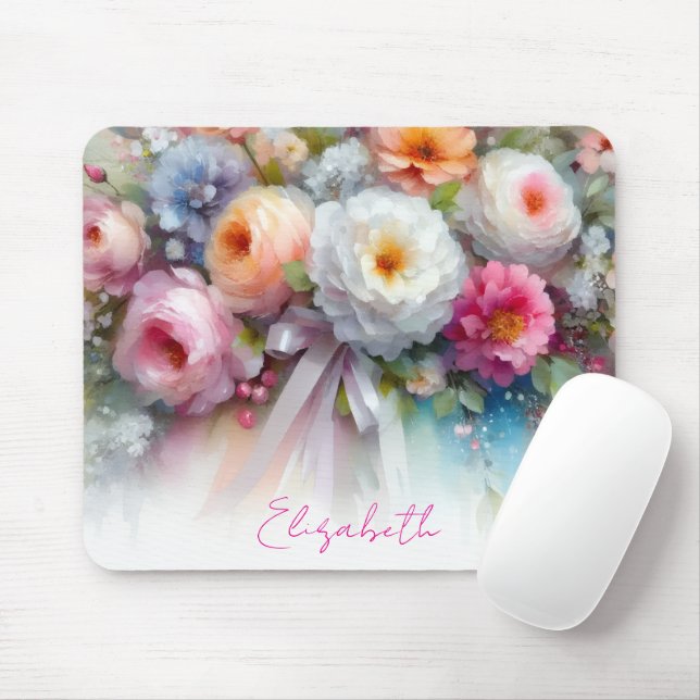 Stylish Watercolour Floral Your Custom Text Name Mouse Pad (With Mouse)