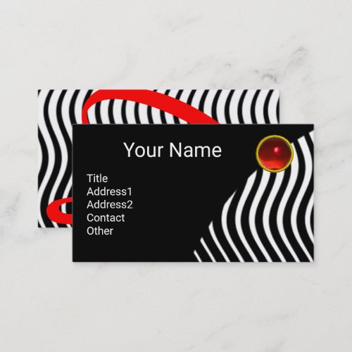 STYLISH WAVES BLACK WHITE Red Ruby Monogram Business Card