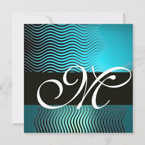 STYLISH WAVES MONOGRAMaqua blue turquasesapphire Invitation