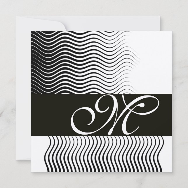 STYLISH WAVES MONOGRAM,black white,silver metallic Invitation (Front)