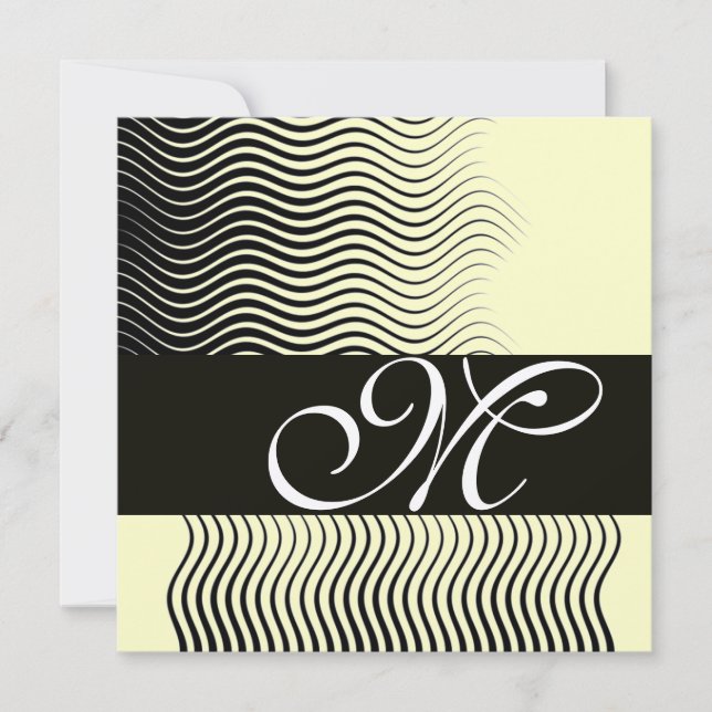 STYLISH WAVES MONOGRAM,black white,silver metallic Invitation (Front)