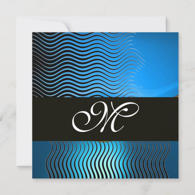 STYLISH WAVES MONOGRAM, blue sapphire Invitation (Front)