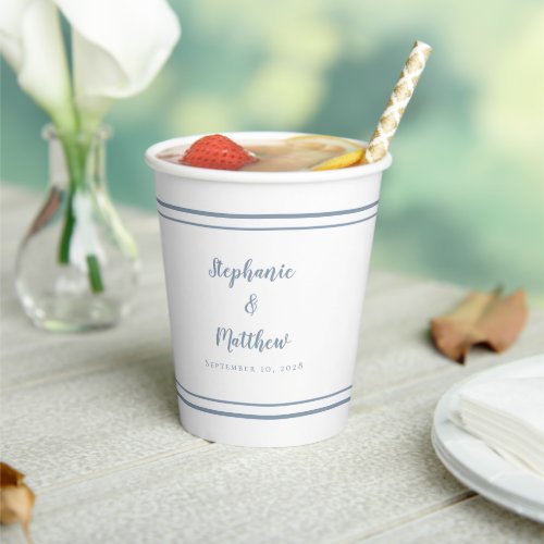 Stylish Wedding Couple Names  Date Dusty Blue Paper Cups