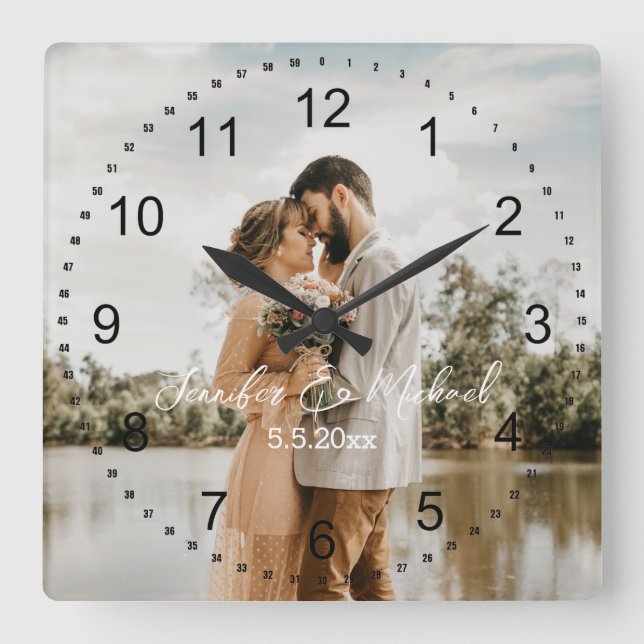stylish wedding day photo black numbers square wall clock (Front)