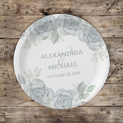 Stylish Wedding Dusty Blue Floral Rose Flowers Paper Plates