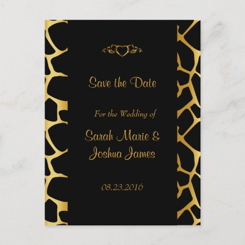 Stylish Wedding in Gold  Black Giraffe Pattern Announcement Postcard