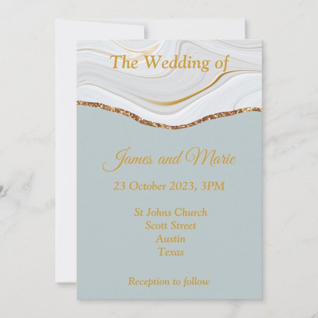 Stylish Wedding Invitation, blue marble, gold Invitation (Front)