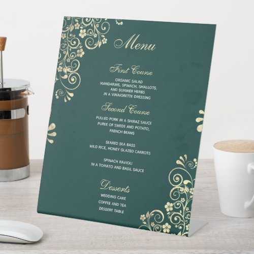 Stylish Wedding Menu Emerald  Green Gold  Pedestal Sign