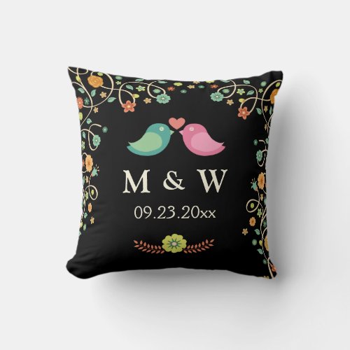 Stylish Wedding Monogram Floral Love Birds Couple Throw Pillow