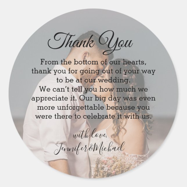 stylish wedding  photo classic script thank you  round sticker (Front)