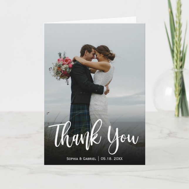 Stylish Wedding Photo Thank You Script Folded Card (Front)