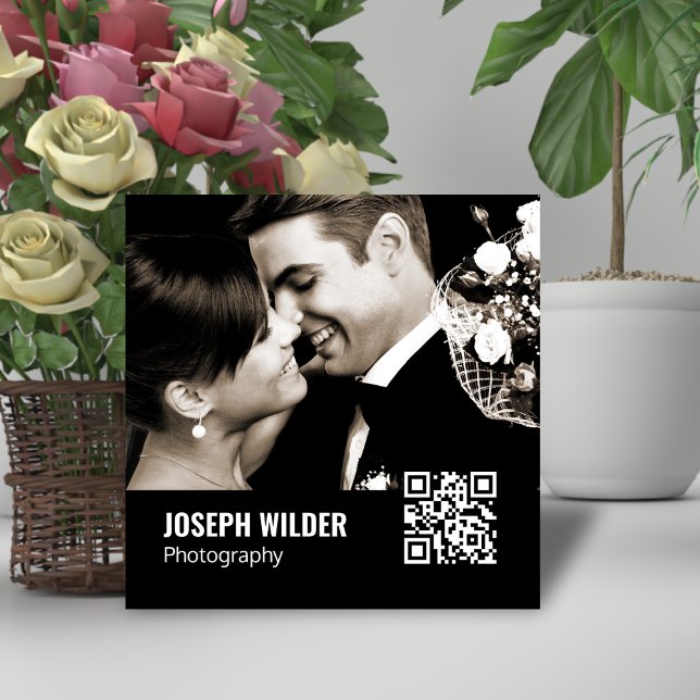 Stylish Wedding Photographer Photo QR Code Black Square Business Card (Creator Uploaded)