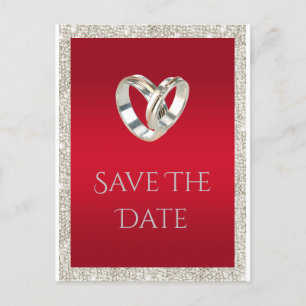 Stylish Wedding Rings, Ruby Red & Glitter Wedding Announcement Postcard