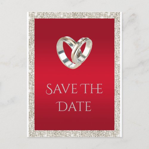 Stylish Wedding Rings Ruby Red  Glitter Wedding Announcement Postcard