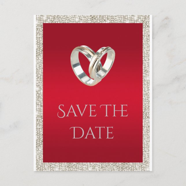 Stylish Wedding Rings, Ruby Red & Glitter Wedding Announcement Postcard (Front)