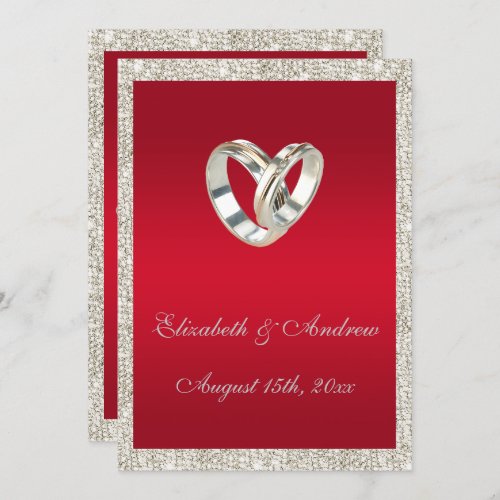 Stylish Wedding Rings Ruby Red  Glitter Wedding Invitation