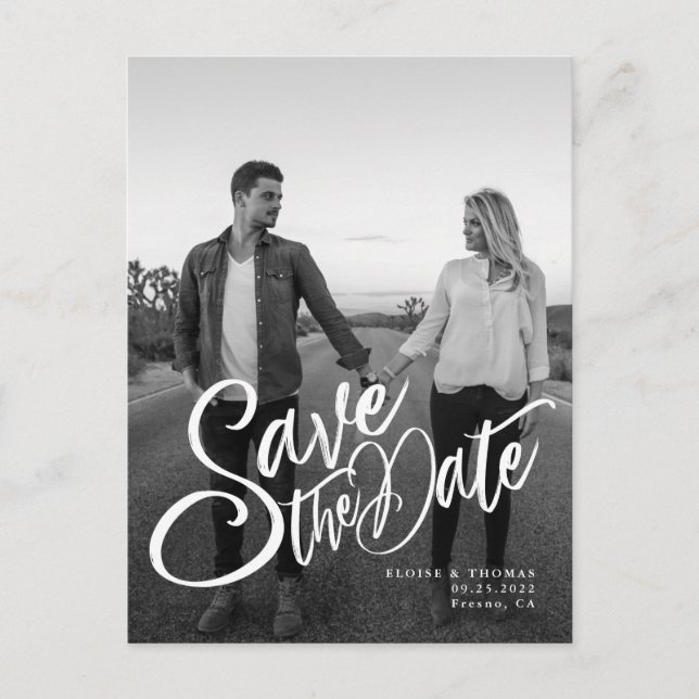 Stylish Wedding Save the Date Script Photo Announcement Postcard (Front)