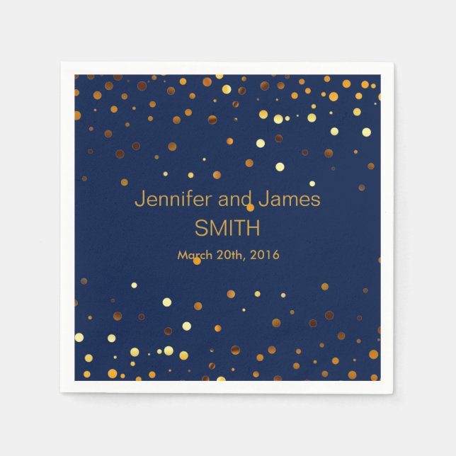 STYLISH WEDDING TABLE Blue Gold Conffeti Glitter Napkins (Front)