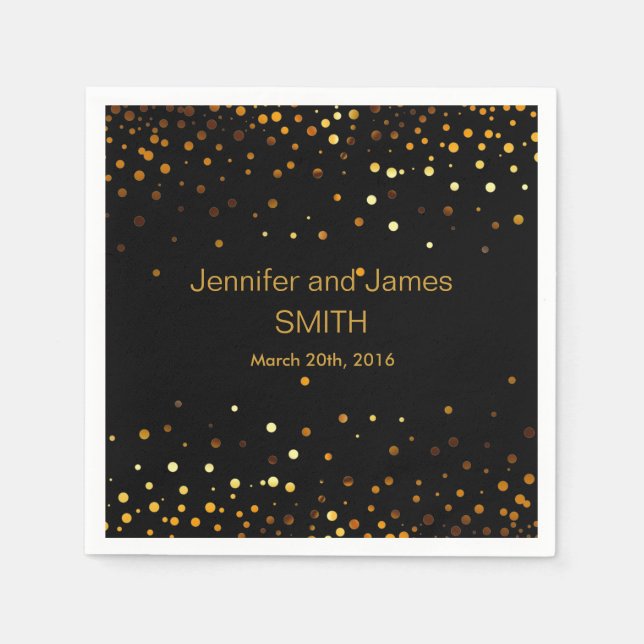 Stylish Wedding Table mini confetti gold Black Paper Napkins (Front)