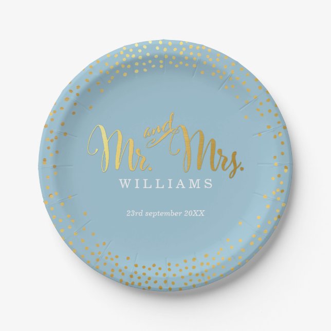 STYLISH WEDDING TABLE mini confetti gold blue Paper Plates (Front)