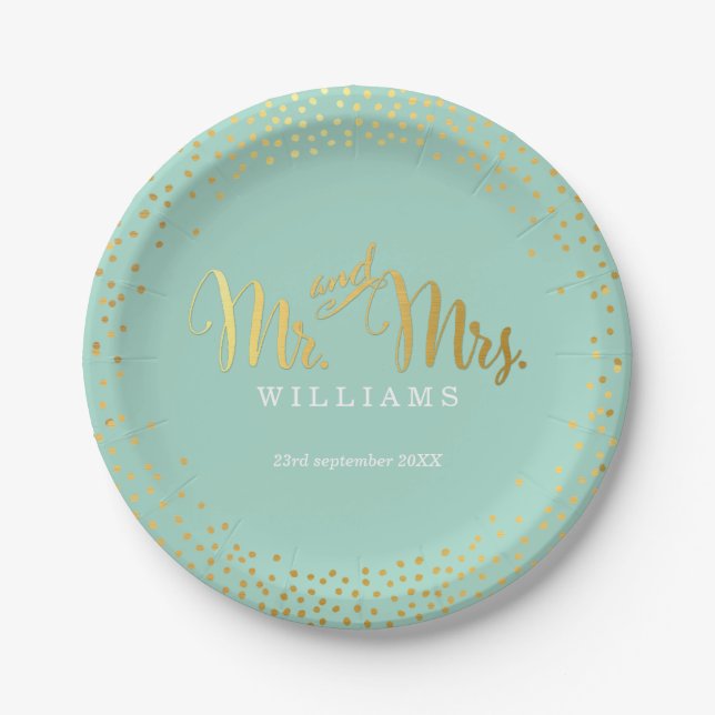 STYLISH WEDDING TABLE mini confetti gold mint Paper Plates (Front)