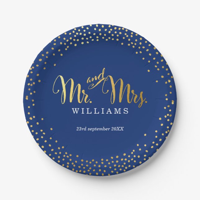 STYLISH WEDDING TABLE mini confetti gold navy Paper Plates (Front)