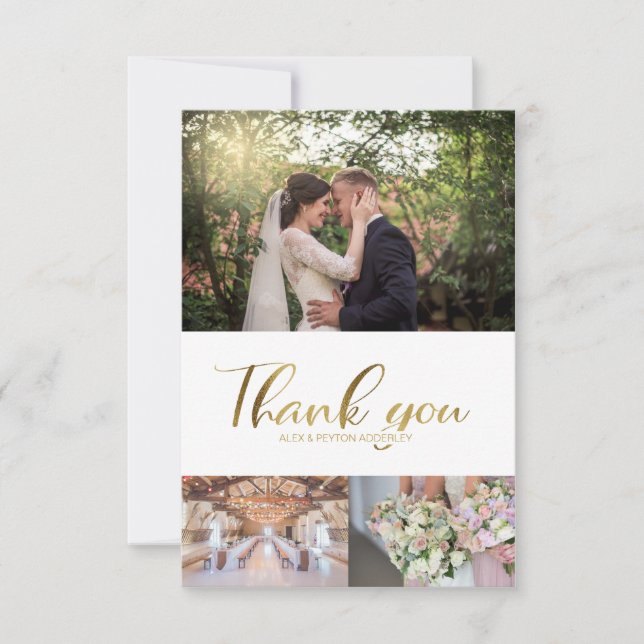 Stylish Wedding Thank You 3 Photo Gold Script (Front)