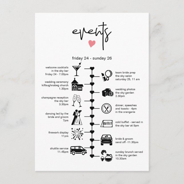 Stylish Wedding Timeline Guest Itinerary Info Advice Card (Front)
