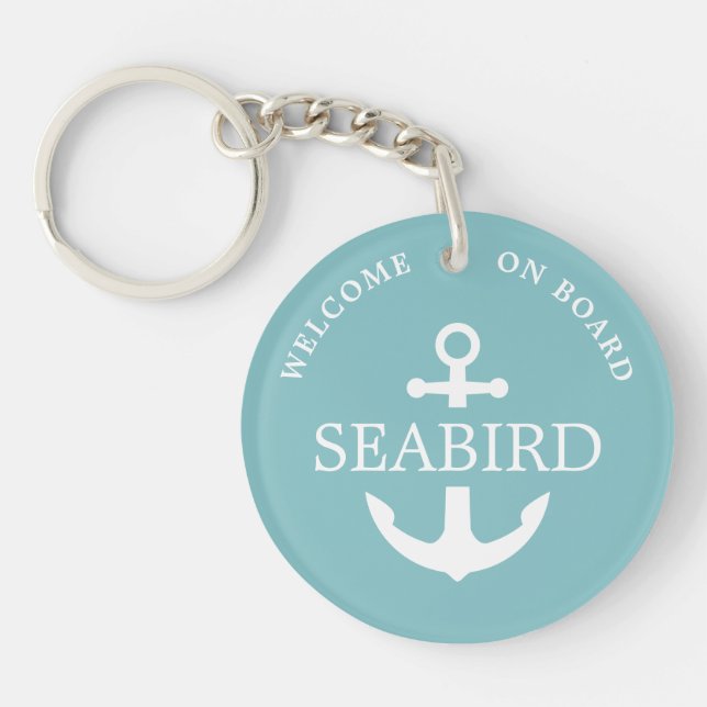 Stylish Welcome Aboard Turquoise Nautical Anchor Keychain (Front)