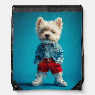 Stylish Westie Pup in Denim and Sneakers Drawstring Bag