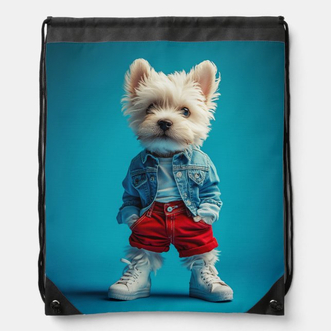 Stylish Westie Pup in Denim and Sneakers Drawstring Bag (Front)