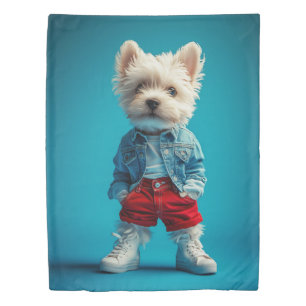 Stylish Westie Pup in Denim and Sneakers Duvet Cover