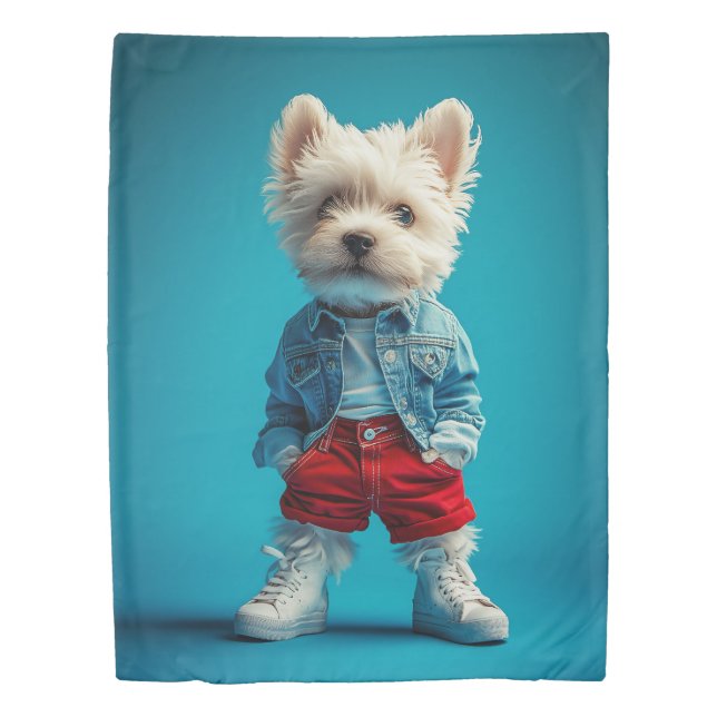 Stylish Westie Pup in Denim and Sneakers Duvet Cover (Front)